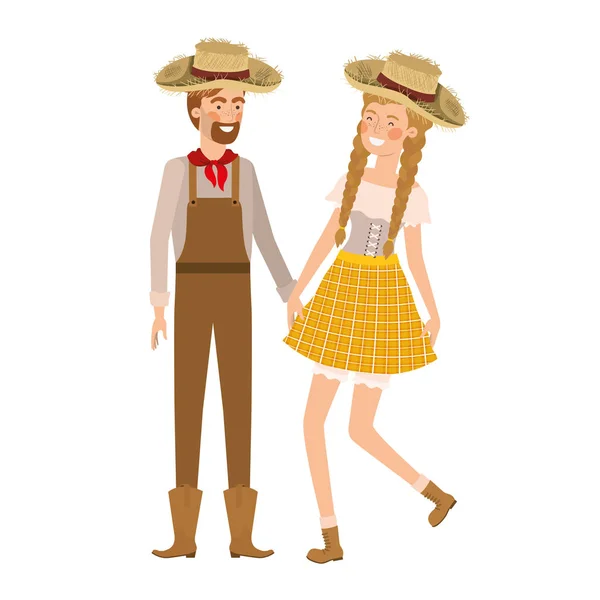 Granjeros pareja bailando con sombrero de paja — Vector de stock