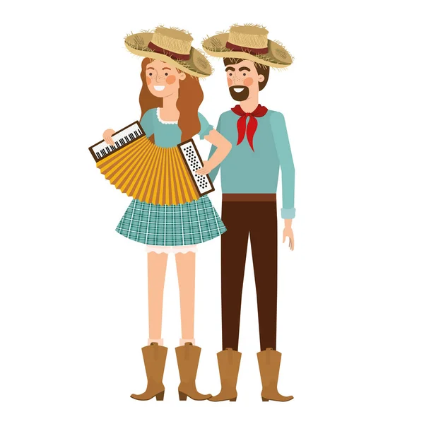 Pareja de agricultores con instrumento musical — Vector de stock