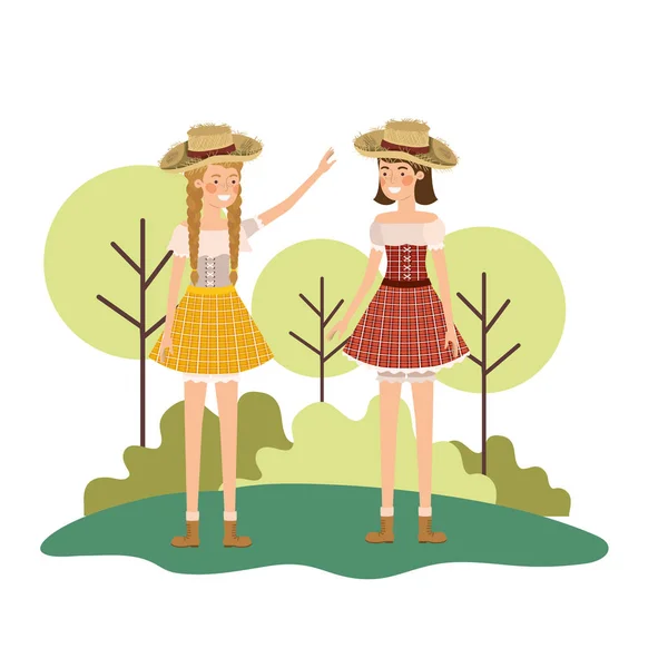 Agricoltori donne che parlano con cappello di paglia — Vettoriale Stock