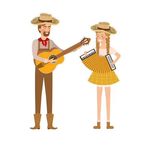 Фермери пара з музичними інструментами — стоковий вектор