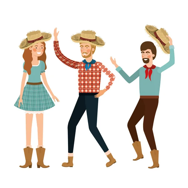 Grupo de personas bailando con sombrero de paja — Vector de stock