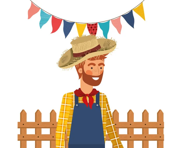 Uomo contadino con cappello di paglia e sfondo vicino — Vettoriale Stock