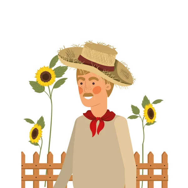 Uomo contadino con cappello di paglia e girasoli — Vettoriale Stock