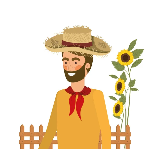 Hombre agricultor con sombrero de paja y girasoles — Vector de stock