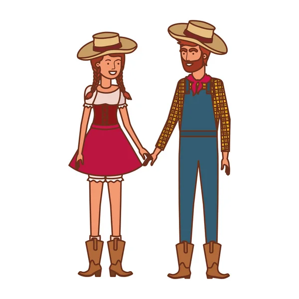 Granjeros pareja hablando con sombrero de paja — Vector de stock