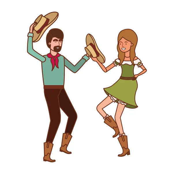 Granjeros pareja bailando con sombrero de paja — Vector de stock