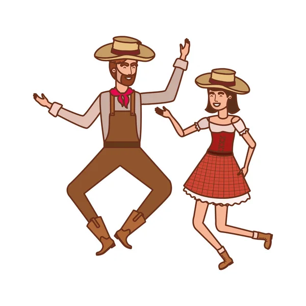 Granjeros pareja bailando con sombrero de paja — Vector de stock