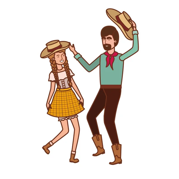 Granjeros pareja bailando con sombrero de paja — Vector de stock