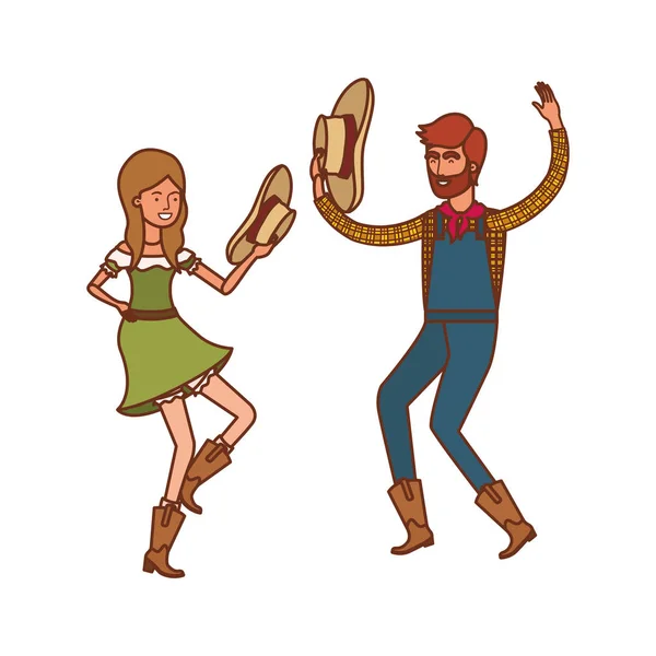 Granjeros pareja bailando con sombrero de paja — Vector de stock