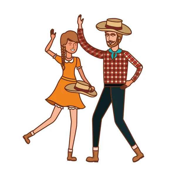 Granjeros pareja bailando con sombrero de paja — Vector de stock