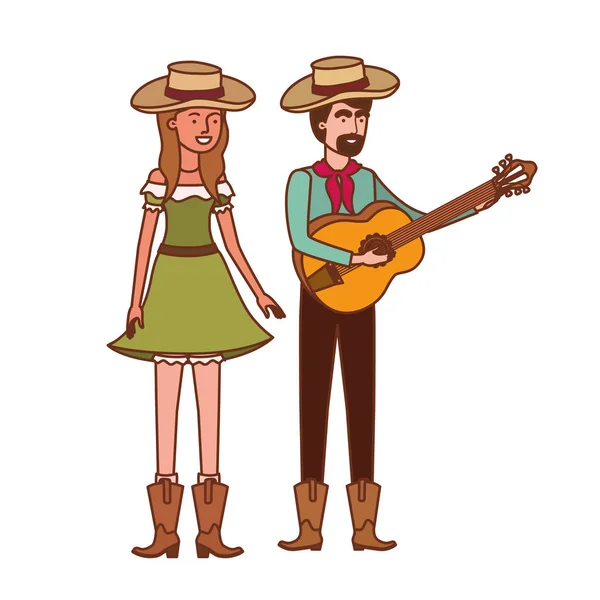 Фермери пара з музичним інструментом — стоковий вектор