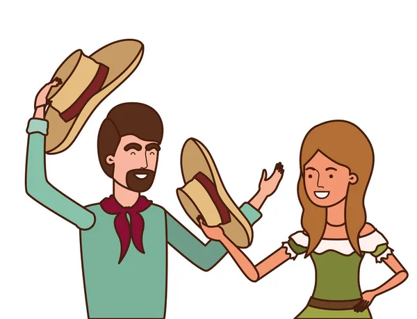 Granjeros pareja hablando con sombrero de paja — Vector de stock