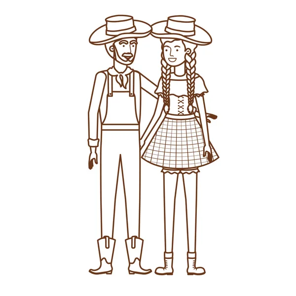 Granjeros pareja hablando con sombrero de paja — Vector de stock