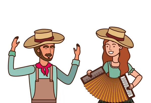 Pareja de agricultores con instrumento musical — Vector de stock