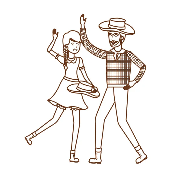 Agricultores casal dançando com chapéu de palha — Vetor de Stock