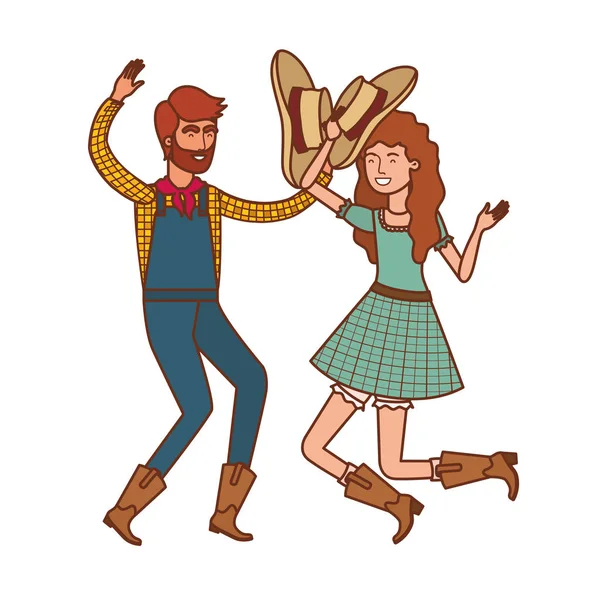 Granjeros pareja bailando con sombrero de paja — Archivo Imágenes Vectoriales