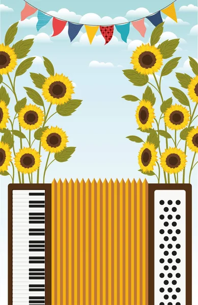 Festa junina with accordion and garlands in the sunflower garden — Stock Vector