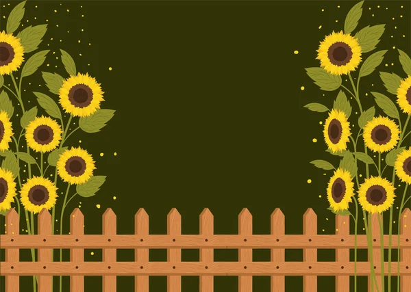 Beau jardin de tournesols avec scène de clôture — Image vectorielle