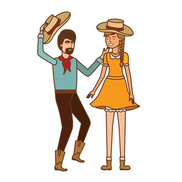 किसान जोड़े स्ट्रॉ टोपी के साथ नृत्य — स्टॉक वेक्टर
