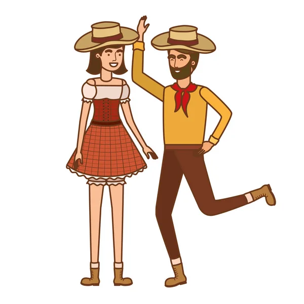 Granjeros pareja bailando con sombrero de paja — Vector de stock