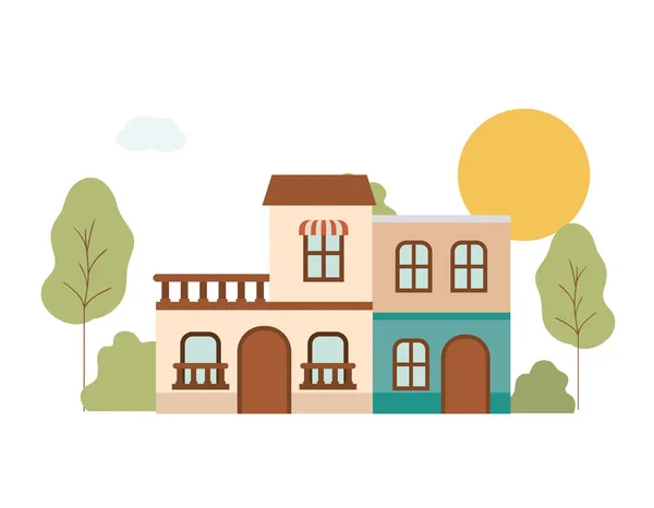 Casas de barrio en el paisaje icono aislado — Vector de stock