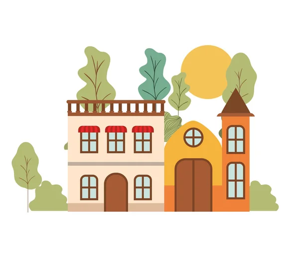Neighborhood houses in landscape isolated icon — Stock Vector