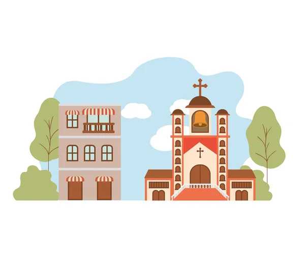 Casas de barrio en el paisaje icono aislado — Vector de stock