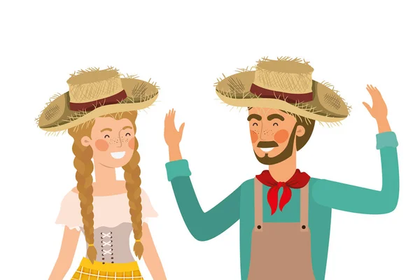 农民夫妇交谈与草帽 — 图库矢量图片