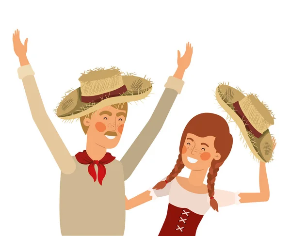 Granjeros pareja hablando con sombrero de paja — Vector de stock