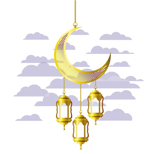 Lanterne ramadan kareem et la lune suspendue — Image vectorielle