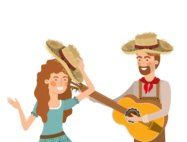 Фермери пара з музичним інструментом — стоковий вектор