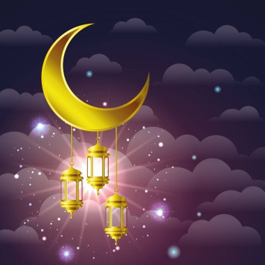 ramazan kareem altın lambalar ayda asılı
