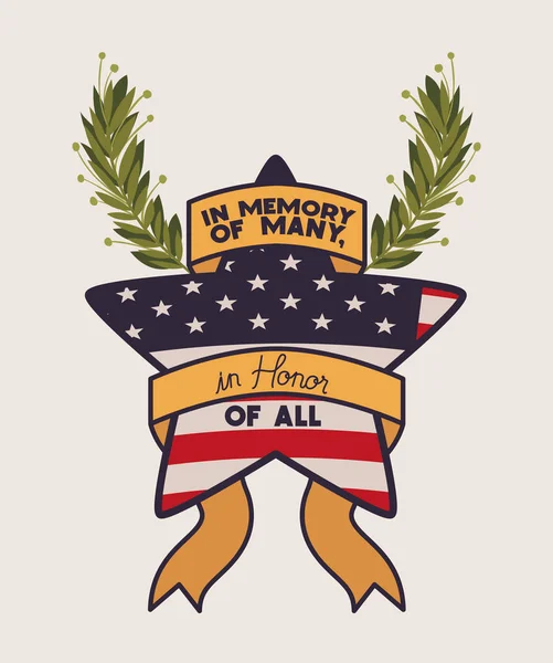 Étoile avec couronne et drapeau des Etats-Unis de jour commémoratif emblème — Image vectorielle