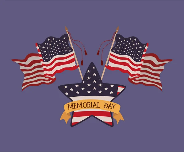 Estrela com bandeiras dos EUA do emblema do dia memorial — Vetor de Stock