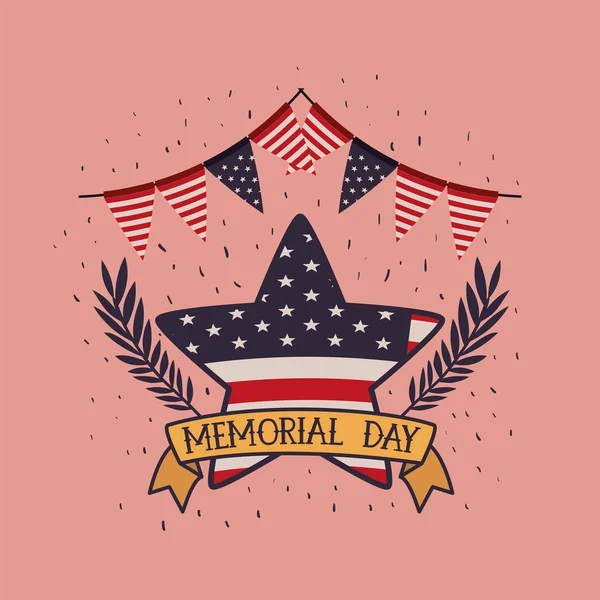 Estrela com coroa de flores e bandeira dos EUA do emblema do dia memorial —  Vetores de Stock