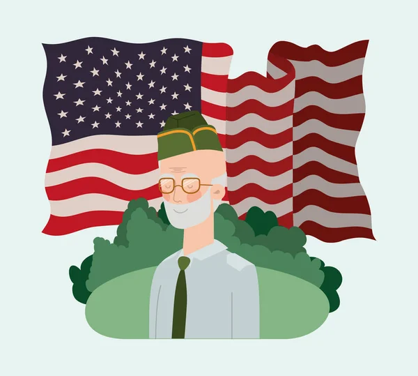 フィールドにアメリカの旗を持つベテラン軍人 — ストックベクタ