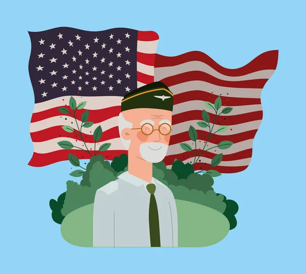 Veterán katonai ember USA-zászlót a területen — Stock Vector