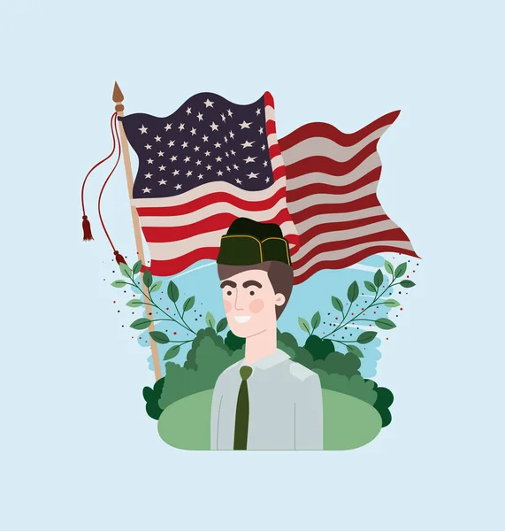 Military man with usa flag in the field — Stock Vector