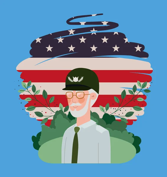 Ветеран войны человек с флагом США окрашены в поле — стоковый вектор