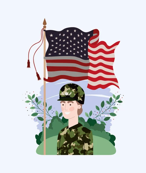 军队男子与美国国旗在外地 — 图库矢量图片