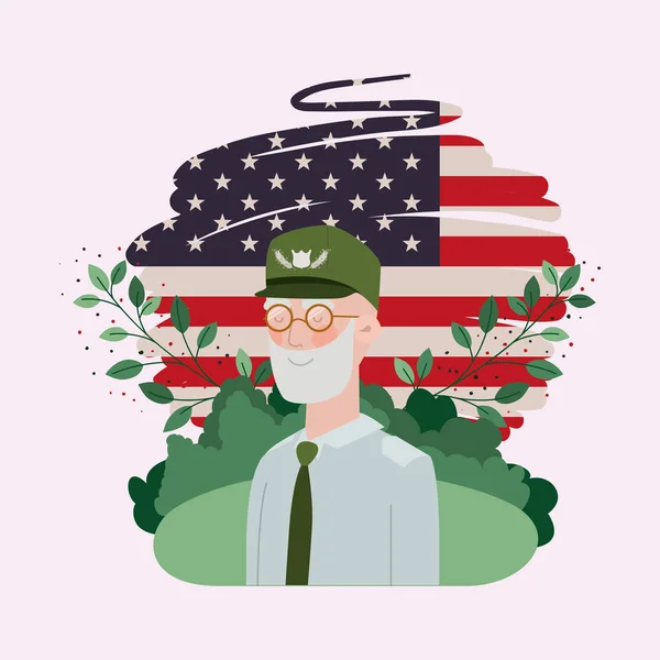 Veterano militar com bandeira dos EUA pintada no campo — Vetor de Stock