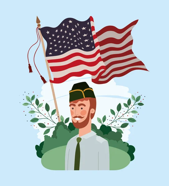 Military man with usa flag in the field — Stock Vector