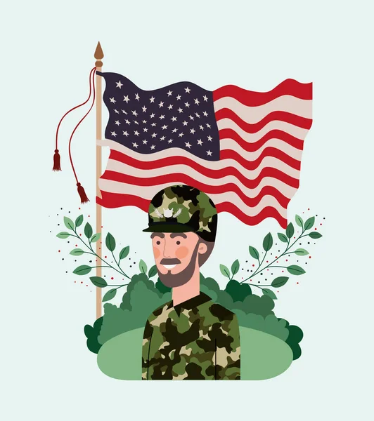 Military man with usa flag in the field — Stock Vector