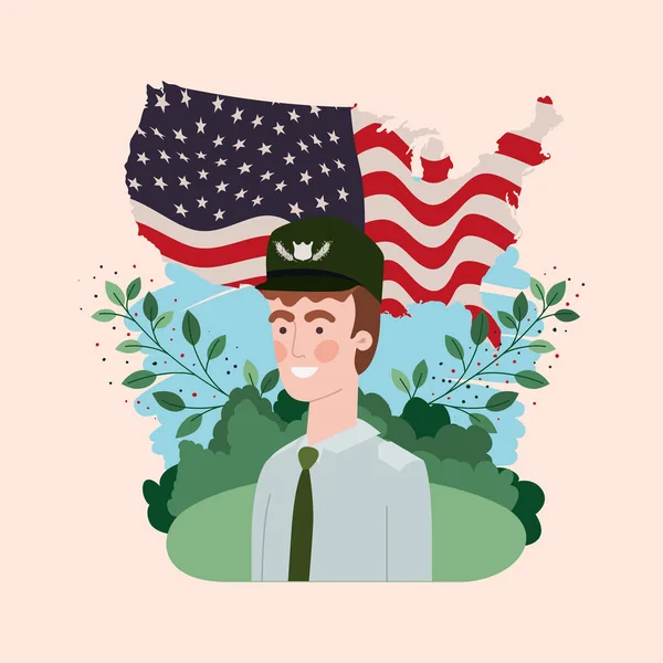 Homem militar com bandeira dos EUA no campo — Vetor de Stock