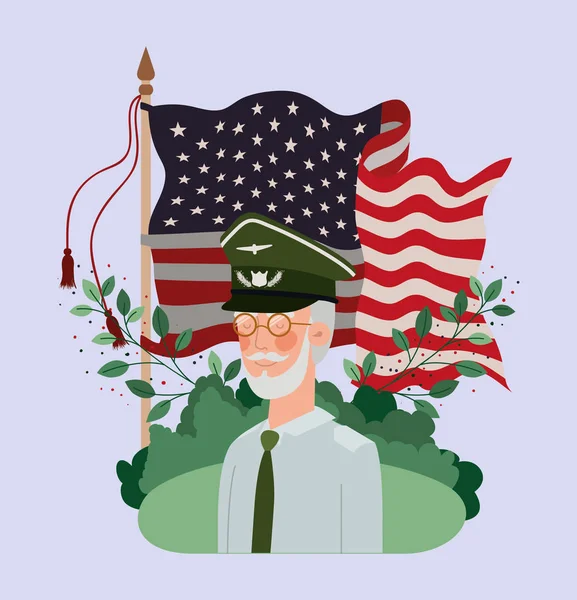 Veterán katonai ember USA-zászlót a területen — Stock Vector