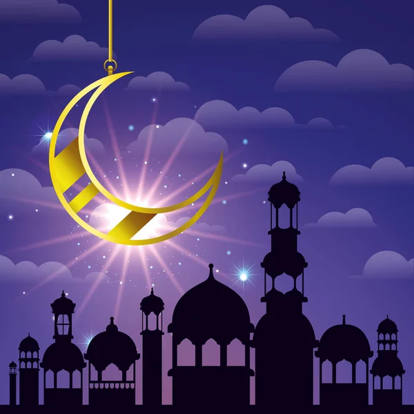 Ramadan Kareem Stadtbild mit goldenem Mond hängen — Stockvektor