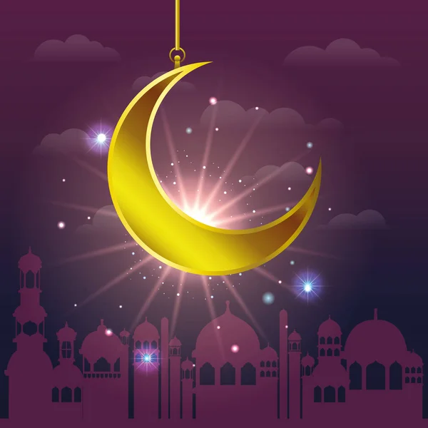 Ramadan Kareem Stadtbild mit goldenem Mond hängen — Stockvektor