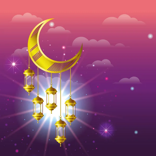Ramadan kareem goldene Lampen hängen im Mond — Stockvektor