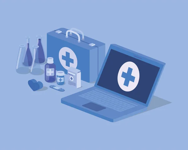 Laptop telegeneeskunde service met medische kit en drugs — Stockvector