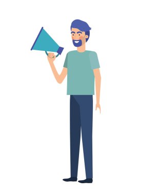 Elinde megafonla genç bir adam.